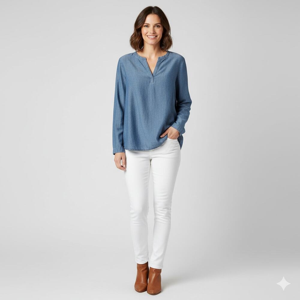 Bella Dahl Split Neck Tencel Popover Top V-neck Anthropologie Denim Blouse Small